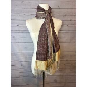 J.Jill Boho Fringe Wool Silk Blend Scarf Made in India Brown Gold 72x19